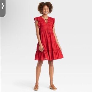 Womens Tiered Peasant Dress Size Large Red Gauze Boho Cottagecore